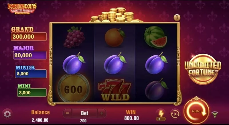 Fortune Coins Unlimited Fortune - grundläggande 3x3-rutnät med fruktsymboler